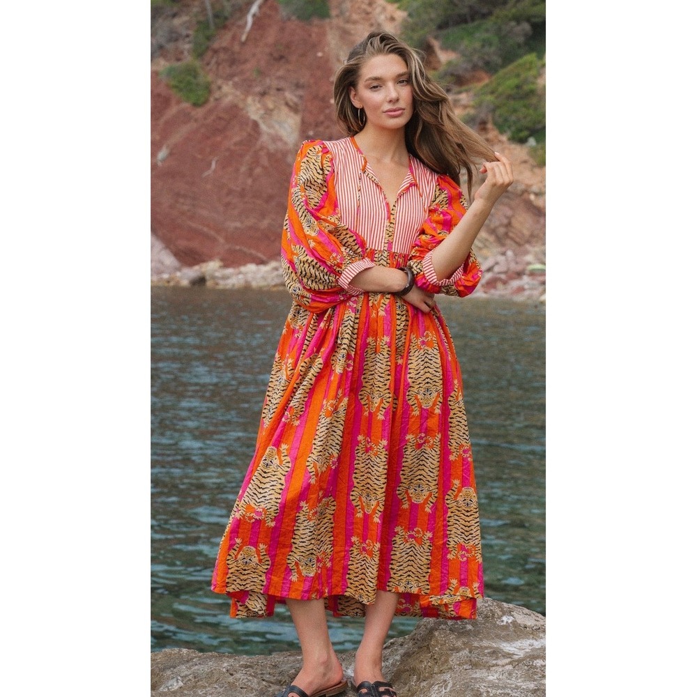House of Sundar Tara Midi Dress S Puff Sleeve Mixed Print Tiger Popover NEW!